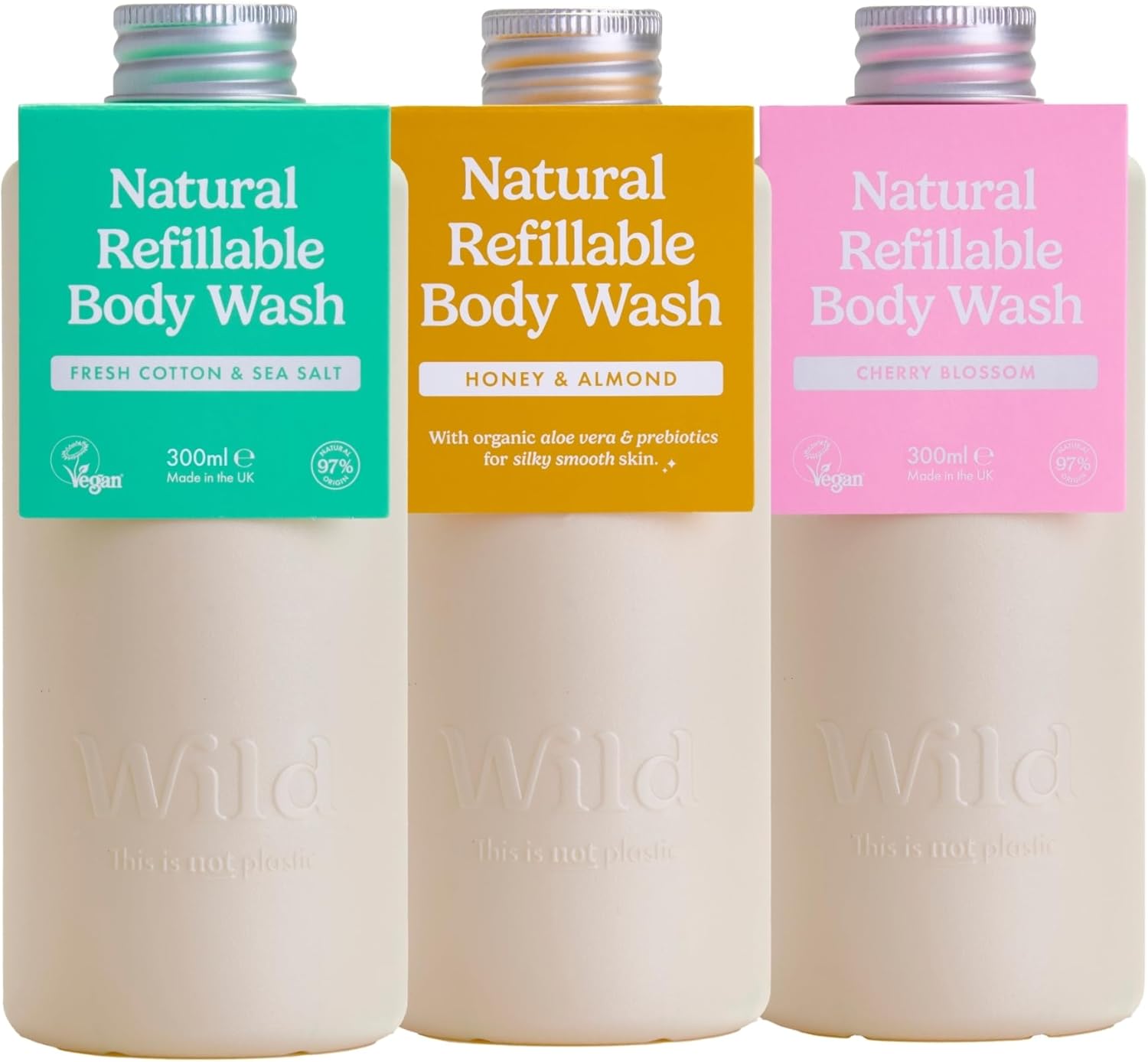 Gel Douche Naturel Rechargeable 300ml - Lot de 3 Gels Douche Rechargeables aux Parfums Différents - Honey & Almond, Fresh Cotton & Sea Salt & Cherry Blossom