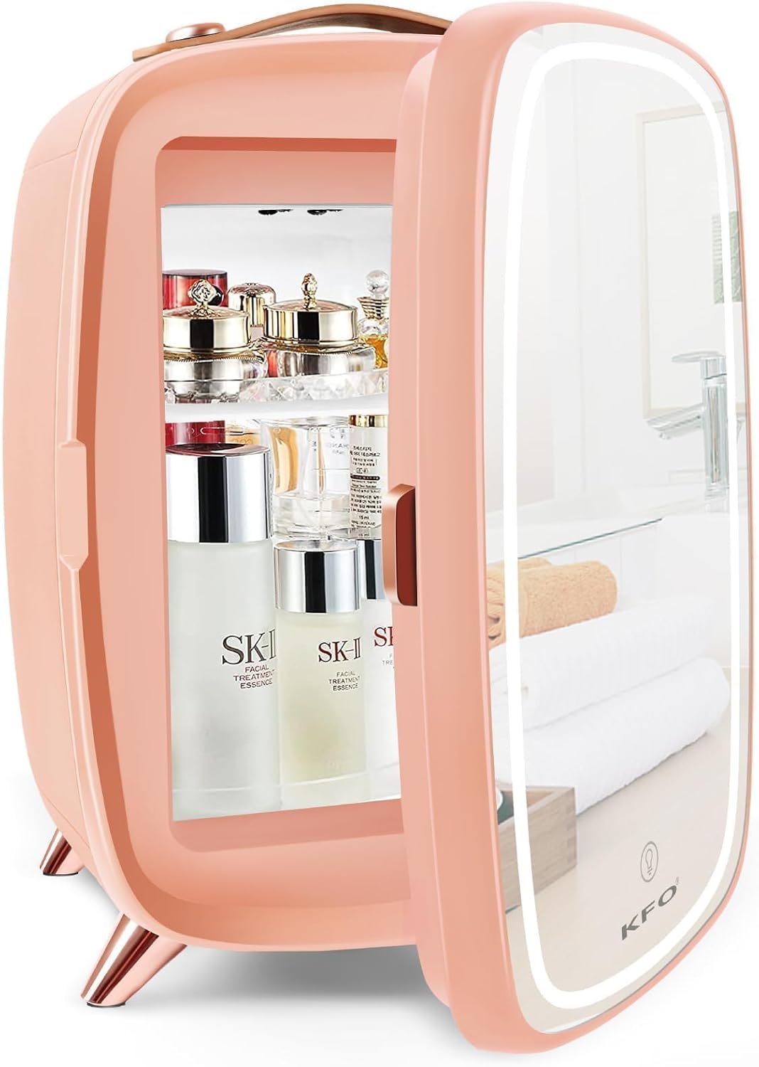 KFO Mini Frigo Cosmétique 6L avec Miroir LED - Frigo Maquillage & Skincare Portable, 3 Modes Lumière - 6°C + 20 dB Ultra-Silencieux - Makeup Fridge pour Crèmes Visage & Parfums