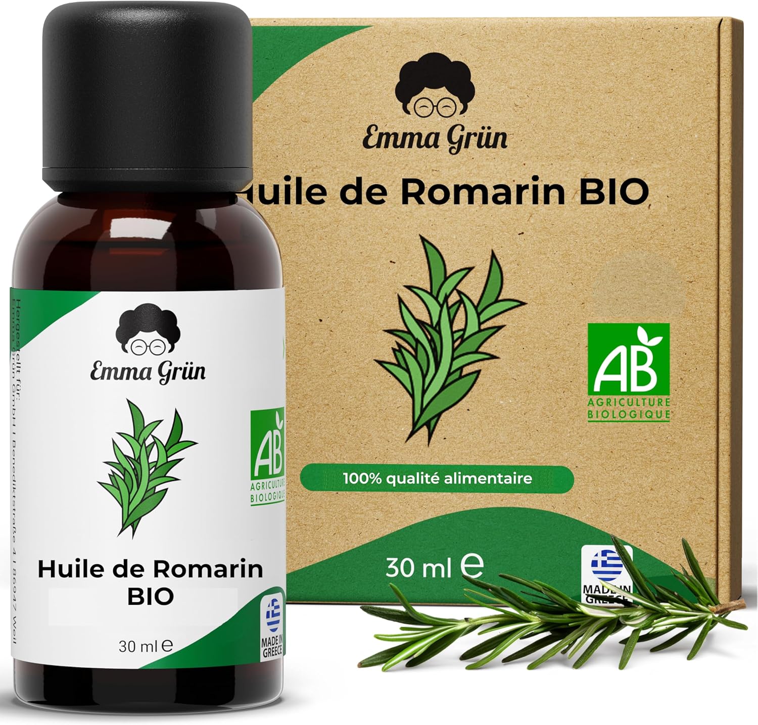 Emma Grün® Huile de Romarin BIO à Haute Dose 30ml [100% naturelle] - Huile Essentielle de Romarin à Cinéole - QUALITÉ BIO DE GRECE - Huiles Essentielles Bio - Rosemary Oil - QUALITÉ ALIMENTAIRE
