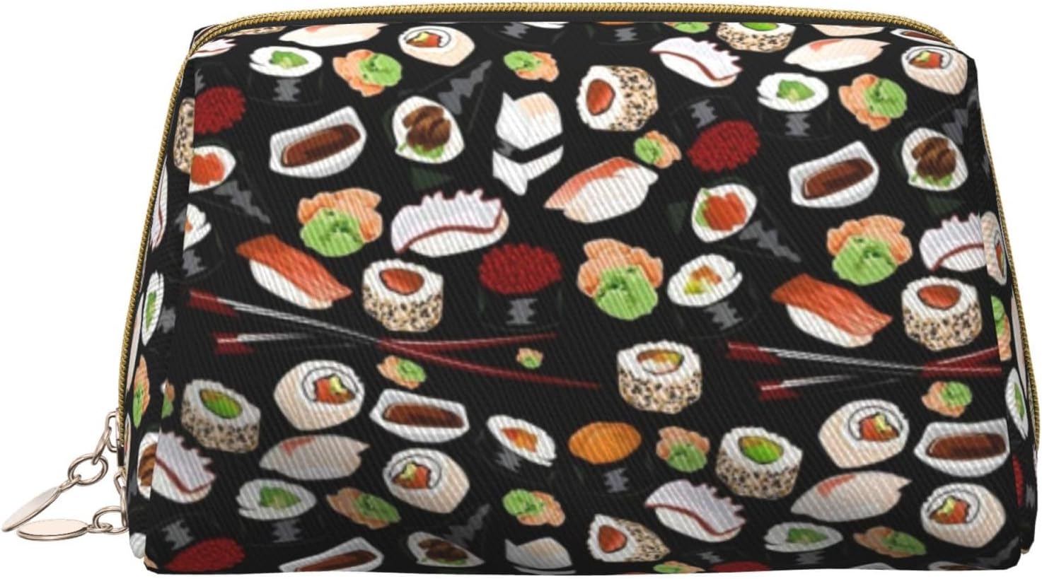 Trousse de maquillage à fermeture éclair en cuir noir avec motif sushi japonais, idéale pour les cosmétiques et les articles de toilette Sushi Japonais Noir Taille unique