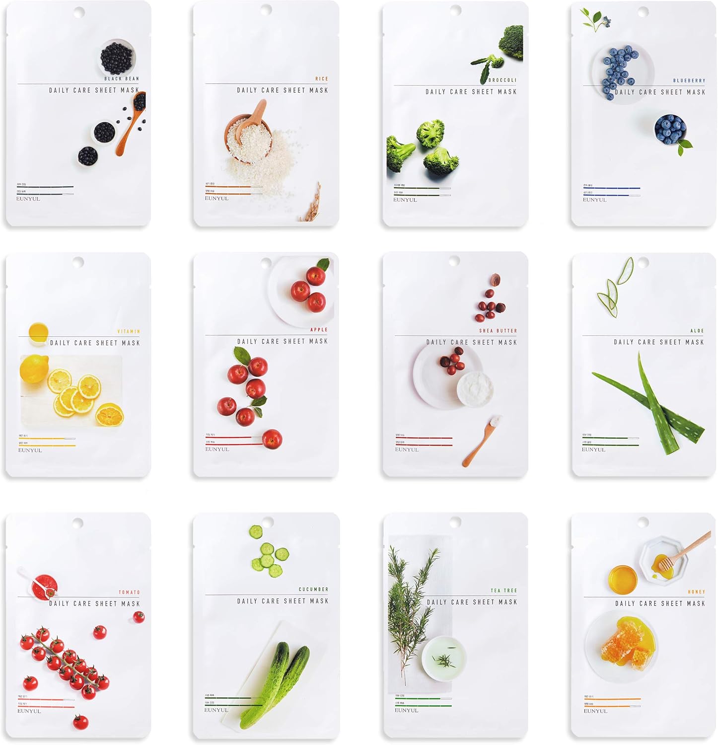 [PACK DE 12] EUNYUL Masque en feuille de Daily Care 12 types Masque visage Soins de la peau coréens Ingrédients nourrissants et naturels