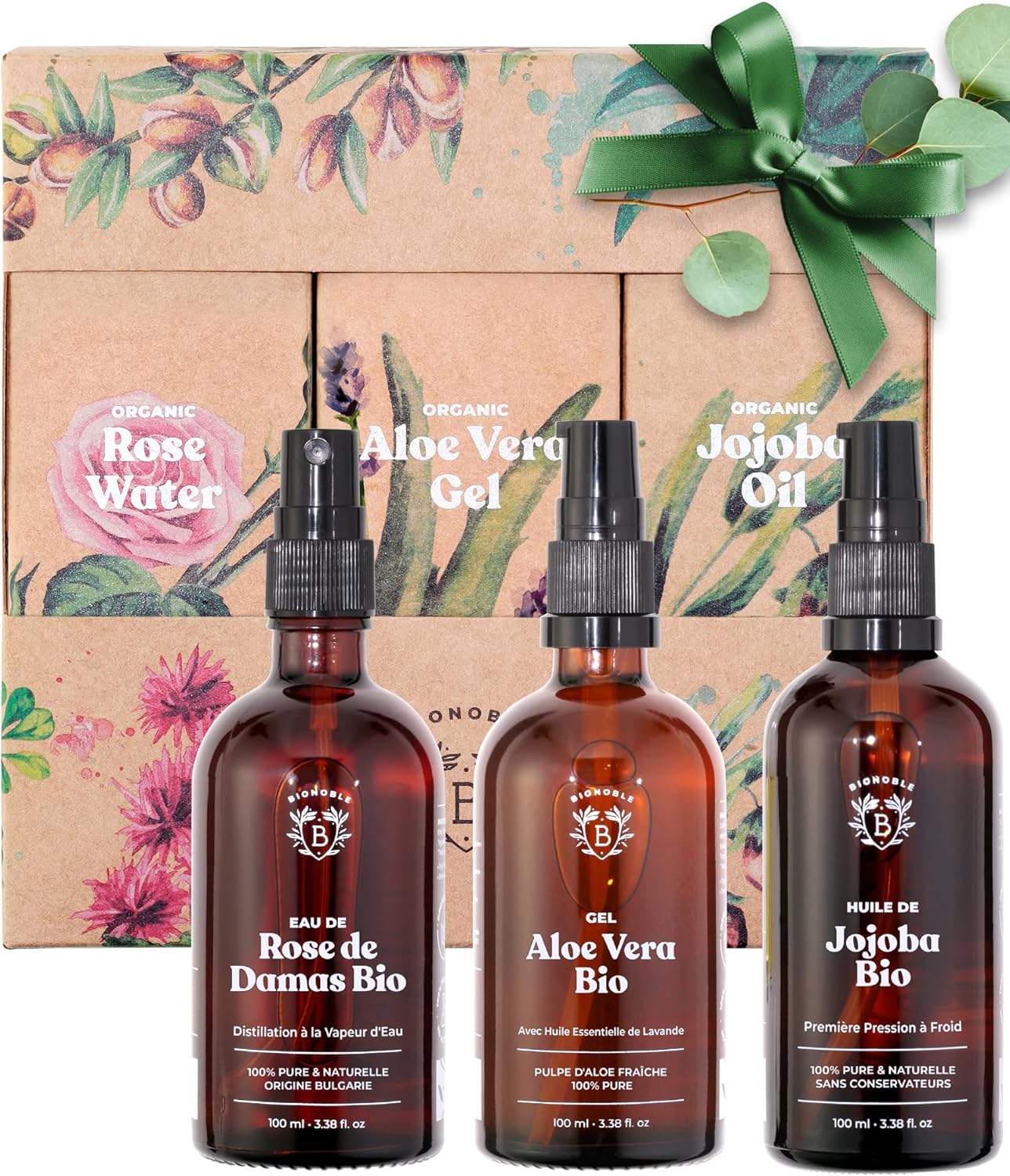 Coffret Beauté Femme 3x100ml - Eau de Rose, Gel Aloe Vera et Huile de Jojoba Bio - Soins pour le visage, le corps et les cheveux - Coffret Cadeau Femme