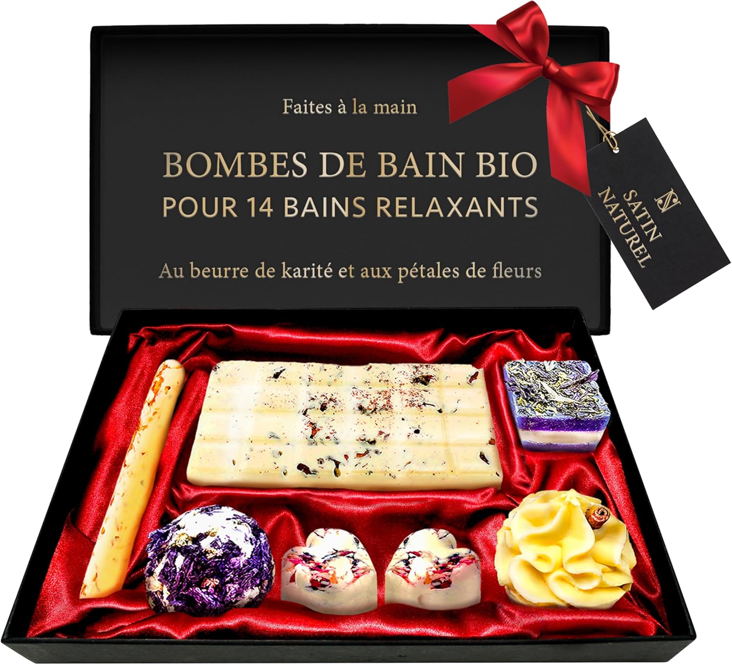 Coffret Cadeau Femme - 14 Bains Relaxants, 7x Bombe de Bain Bio aux Huile Essentielle - Idee Cadeau Femme - Cadeau Noel Maman Boite Cadeau - Satin Naturel
