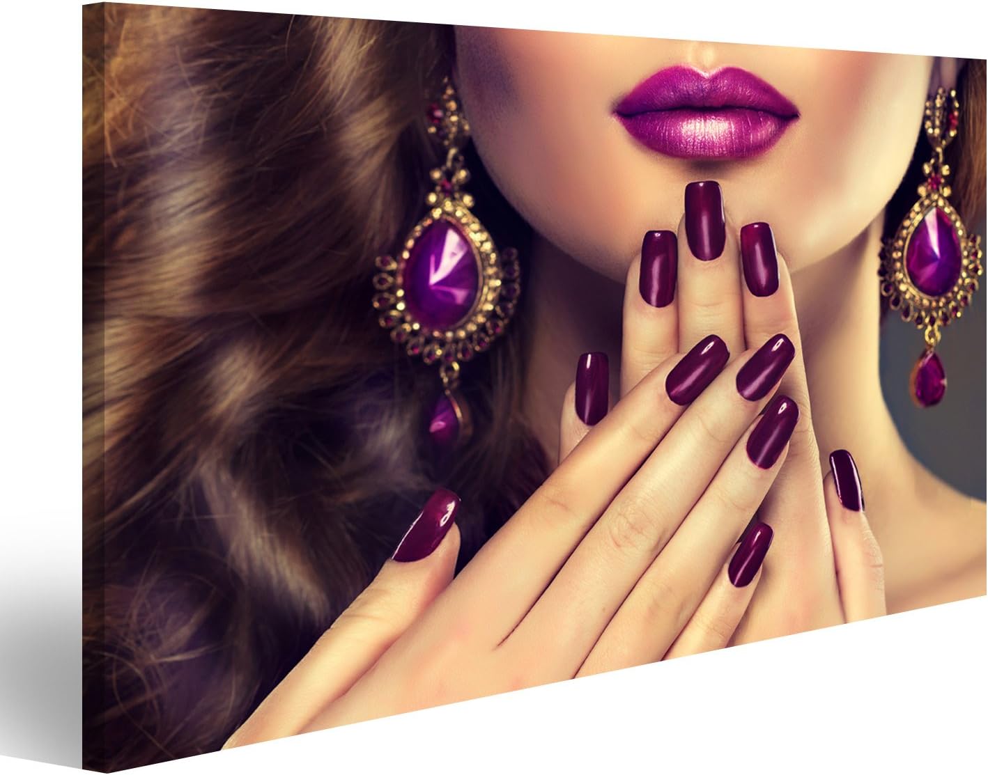 Islandburner Tableau sur toile Le style de mode de luxe cloue les cosmétiques de manucure composent et les cheveux bouclés Cadre Affiche Poster Murale Tableaux