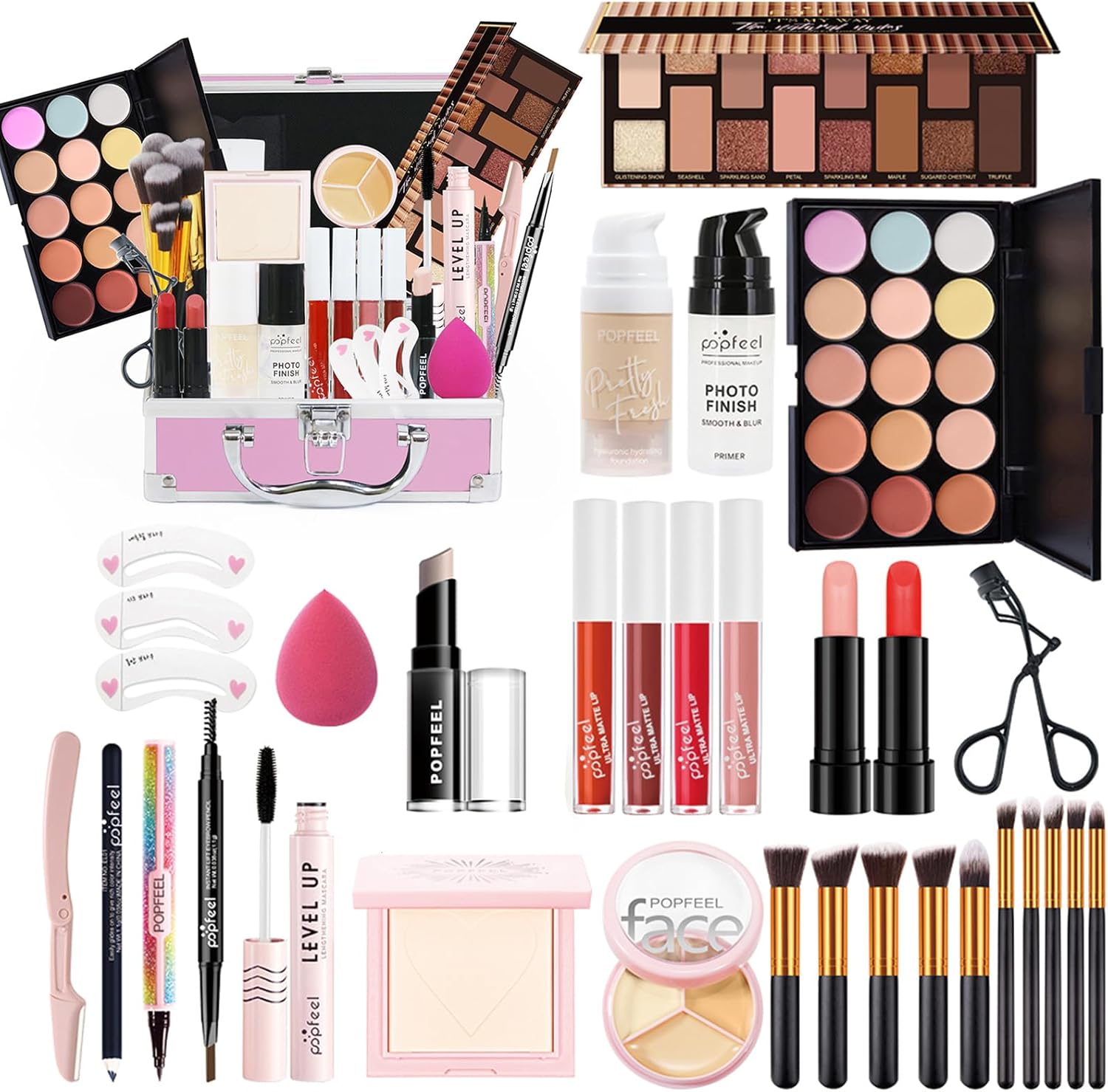Holzsammlung All in One Kit de Démarrage de Maquillage Cosmétique avec Étui de Rangement, Fard à Paupières Correcteur Brillant à Lèvres Outils de Maquillage de Voyage pour Femme Adolescents Filles
