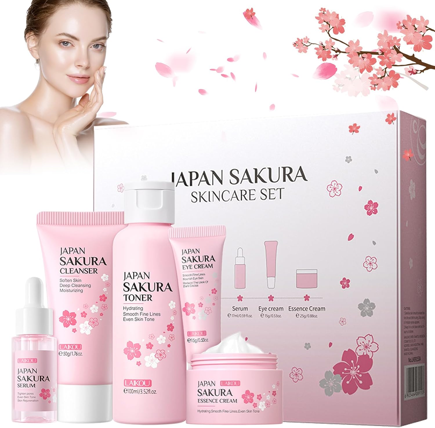 Sakura Ensemble De Soins De La Peau,Coffret Cadeau Femme Soins pour le Visage,Kit de Soins de Peau Hydratants,Coffret Cadeau pour Hydratation et Nettoyage de Peau,Convient à Tous Types de Peau(5-Set)