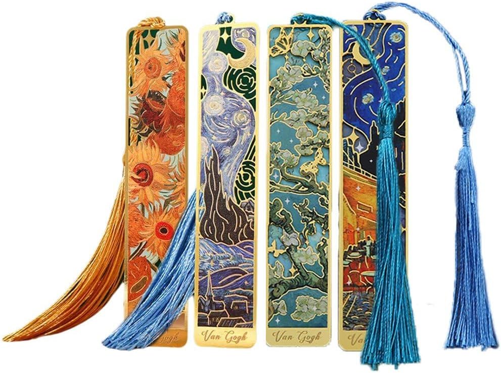 Lot De 4 Marque-Pages en Métal avec Pompon, Marque-Pages À Fleurs Creuses, Marque-Pages sur Le Thème De Peinture À l'huile, Marque-Pages pour Les Amateurs De Livres, Étudiants