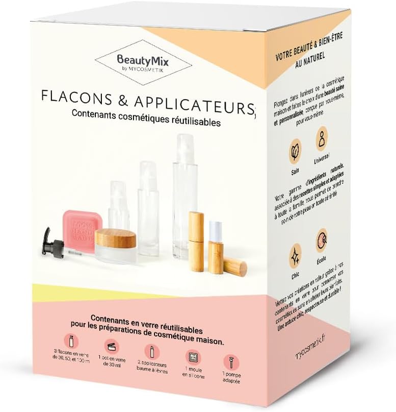 Coffret Zéro déchet : flacons et applicateurs réutilisables - 8 contenants pour cosmétique maison en verre et en bambou éco-responsables et réutilisables - BeautyMix