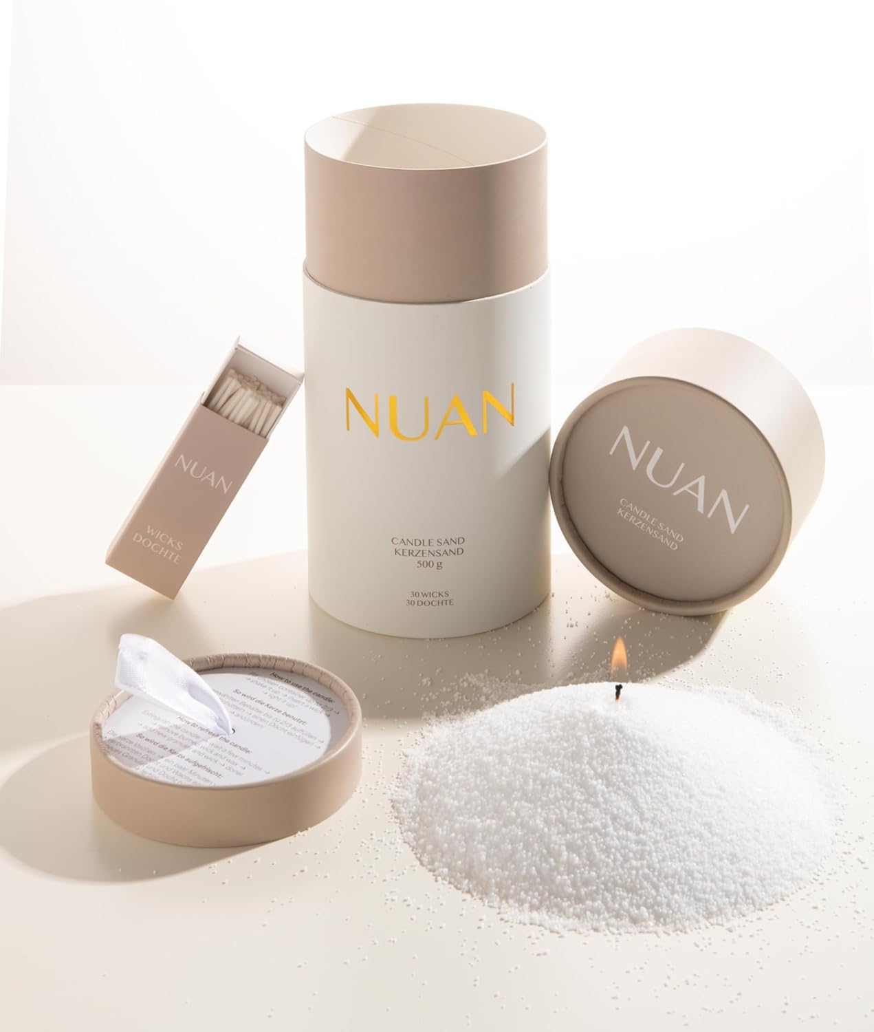 NUAN Kerzensand mit Docht Geschenk Deseignidee Dekor Natürliches Pflanzenwachs 500 g 30 Dochte Vegan Perlenkerzen erneuerbare Kerze