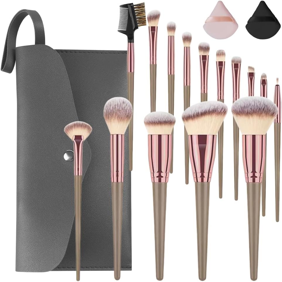 Vicloon Ensemble de pinceaux cosmétiques, 15 Pièces Brun kit de pinceaux cosmétiques, Professionnels Set Pinceaux Synthétiques Fard à Joues En Peluche, Poudre De Brillant à Lèvres
