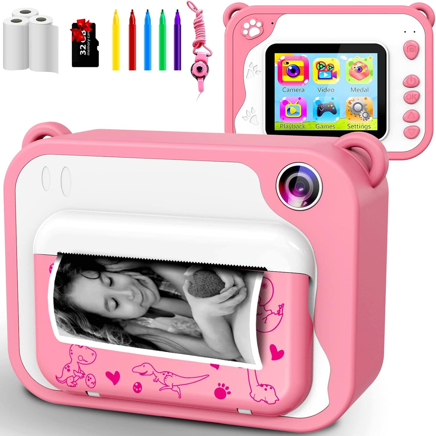 Appareil Photo Instantané Numérique Enfants, avec Papier d'impression,Caméra Jouet 1080P HD avec écran de 2.4",Carte TF 32G, Cadeau pour Filles Garçons 3-12 Ans-Rose