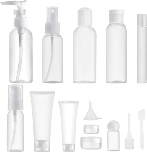 Toureal 14 Pièces Flacons Vide Kit Voyage Avion (Max.100ml), Contenant Plastique Bouteille dans Recipient, Organisateur Set de Toilette - pour Cosmetique (Transparent)