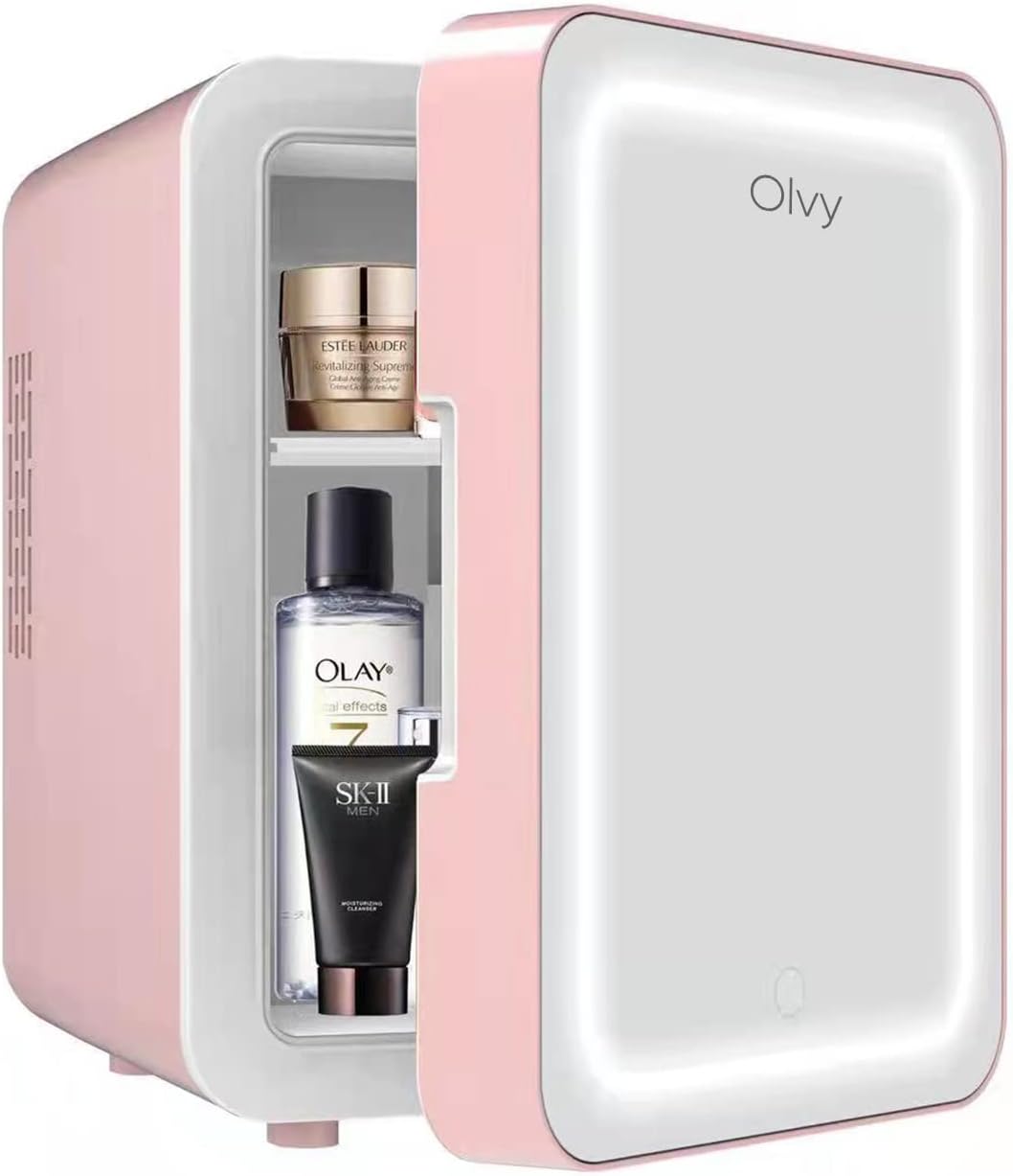 Olvy Réfrigérateur Cosmétique 4 Litres, Mini Frigo, Mini Réfrigérateur Portable Avec Miroir LED, Petit Réfrigérateur pour Soins de la Peau, Skincare Fridge, Rose