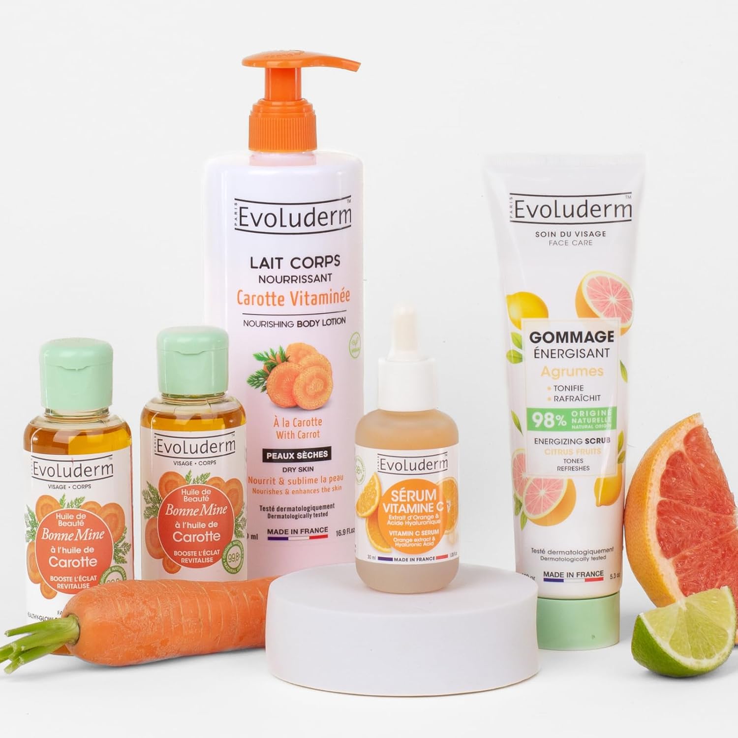 Routine Éclat Visage & Corps – 1 Lait Corps Carotte Vitaminée + 2 Huiles de Carotte + 1 Sérum Vitamine C + 1 Gommage visage Agrumes – Idée Cadeau - Fabrication Française