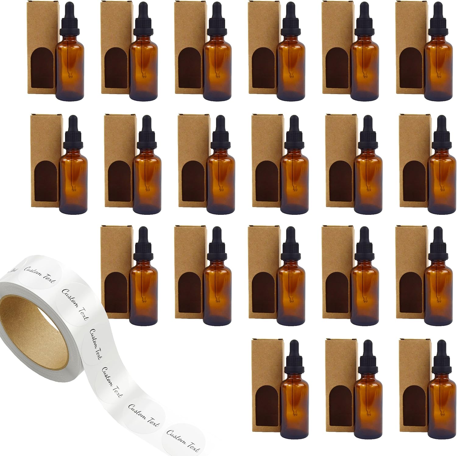 20 Flacons Compte-Gouttes Ambrés 50 ml + 20 Boîtes + 20 Étiquettes Personnalisées - Huiles Essentielles, Cosmétiques, Médicaments - Aromathérapie