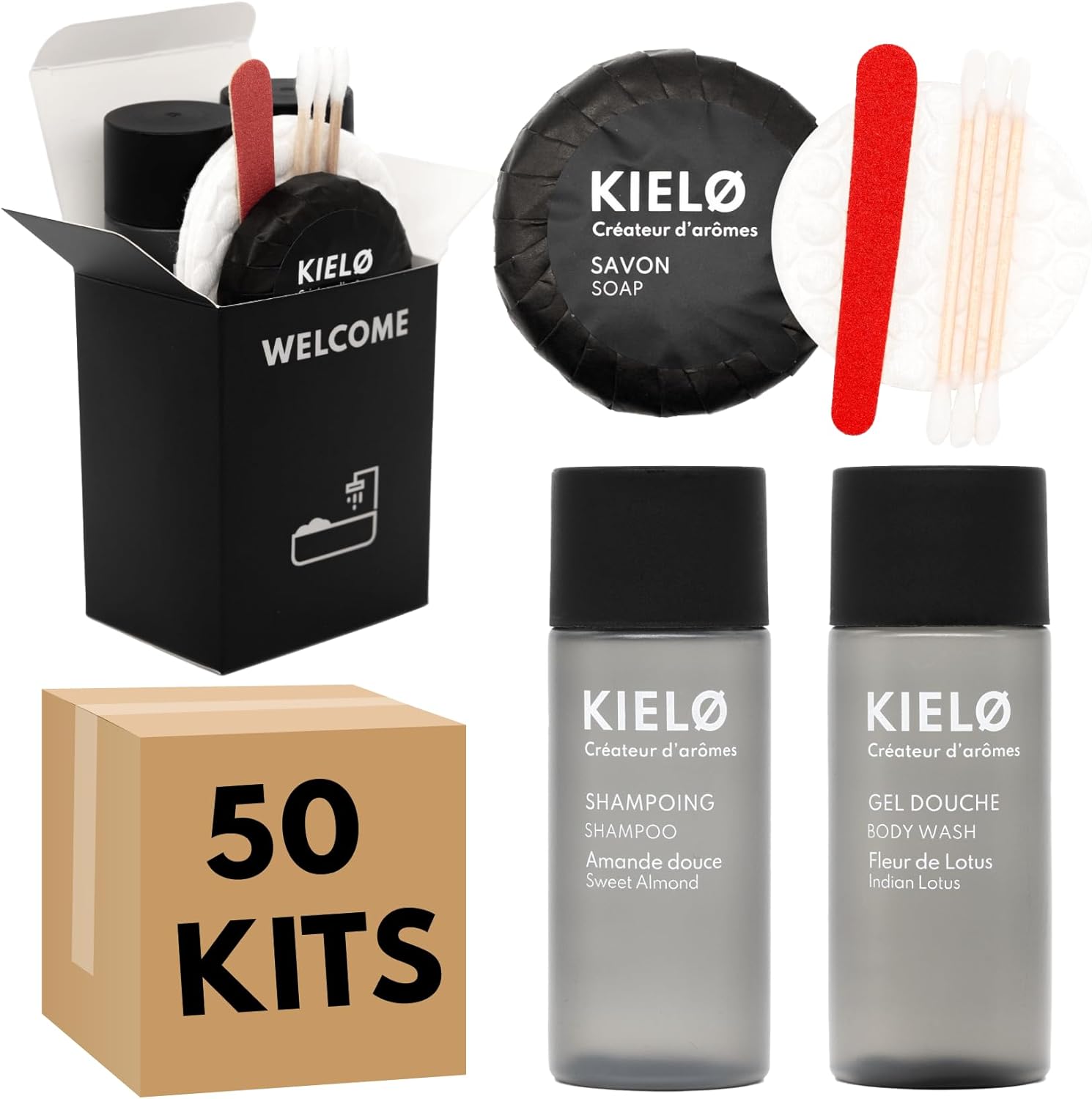 Kit d'accueil pour Salle de Bain Noir (Lot de 50) - Idéal pour Locations Saisonnières et Airbnb - Packaging Élégant et Compact - Parfum agréable - Complet et Prêt à l'emploi