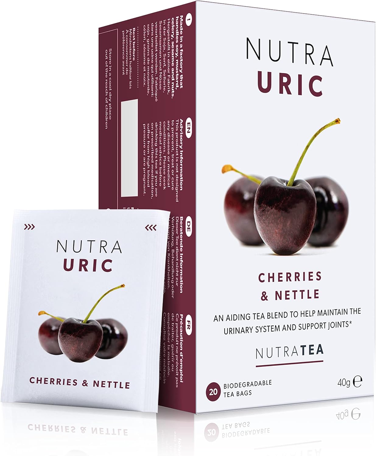 NutraUric - Aide contre l’'acide urique - contient de la cerise et de l'ortie naturelles - 20 Sachets de thé enveloppés - par NutraTea - Tisane