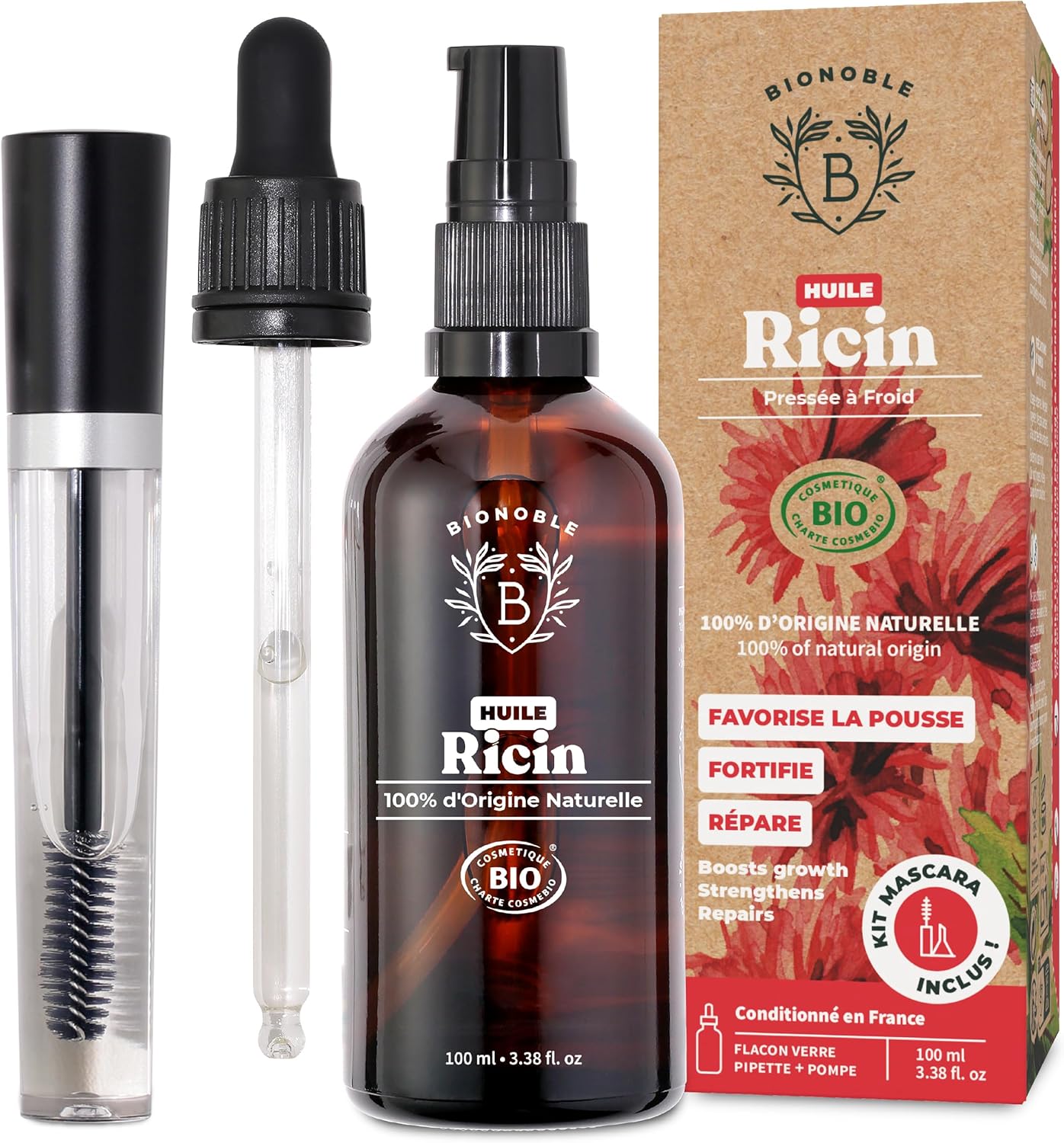 Huile de Ricin Bio 100ml + Kit Mascara, Pipette et Pompe - Bouteille en Verre - 100% Pure, Naturelle, Pressée à Froid - Huile de Ricin pour Cheveux Cils Sourcils - Castor Oil, Huile Ricin