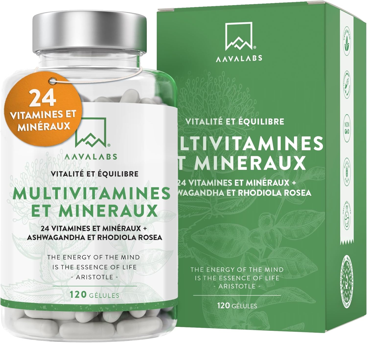 Multivitamines et Minéraux -13 Vitamines Adultes dont Vitamine A B C D E K, Ashwagandha, Rhodiola Rosea, 11minéraux dont Magnesium, Zinc - Complement Alimentaire Multivitamines Homme Femme 120Capsules