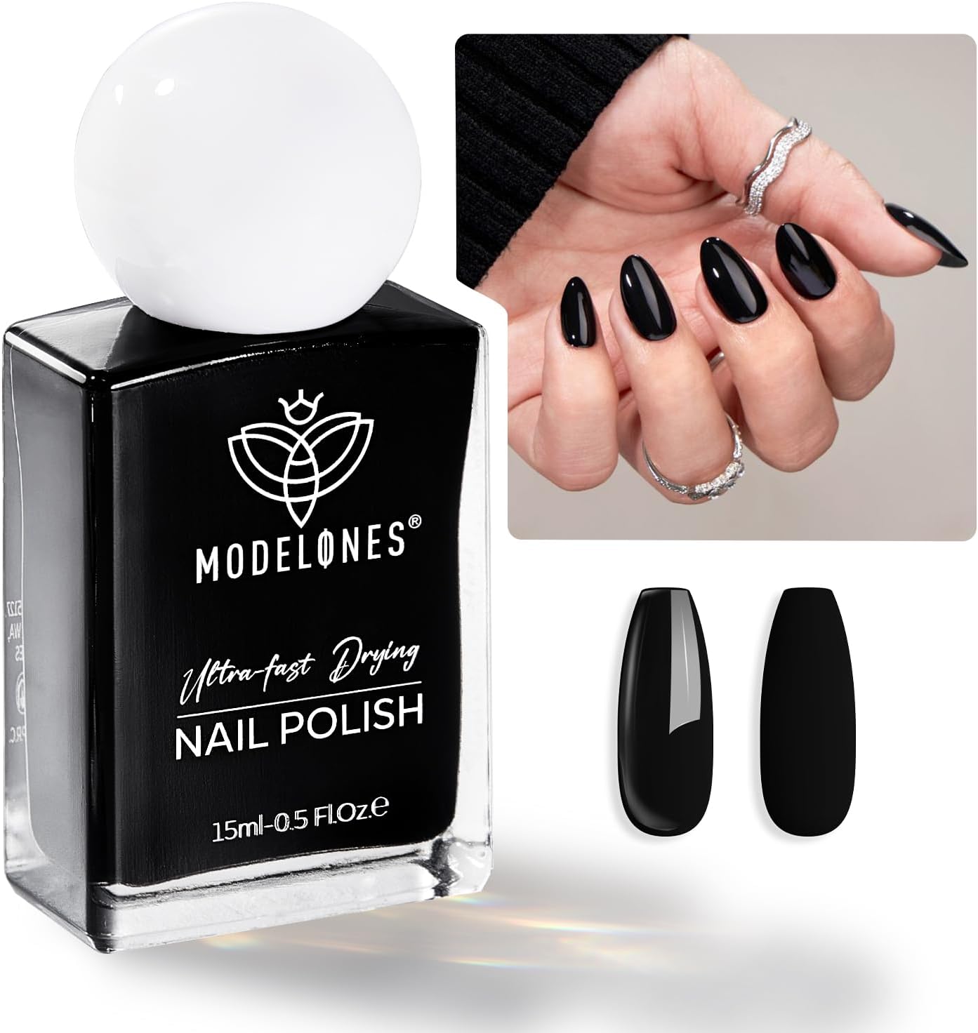 Modelones Vernis à Ongles Noir, 15ml Brillant Séchage Rapide Vernis à Ongles, Longue Durée à Base D'eau Vernis, DIY Nail Art Manucure, Cadeau pour Les Femmes