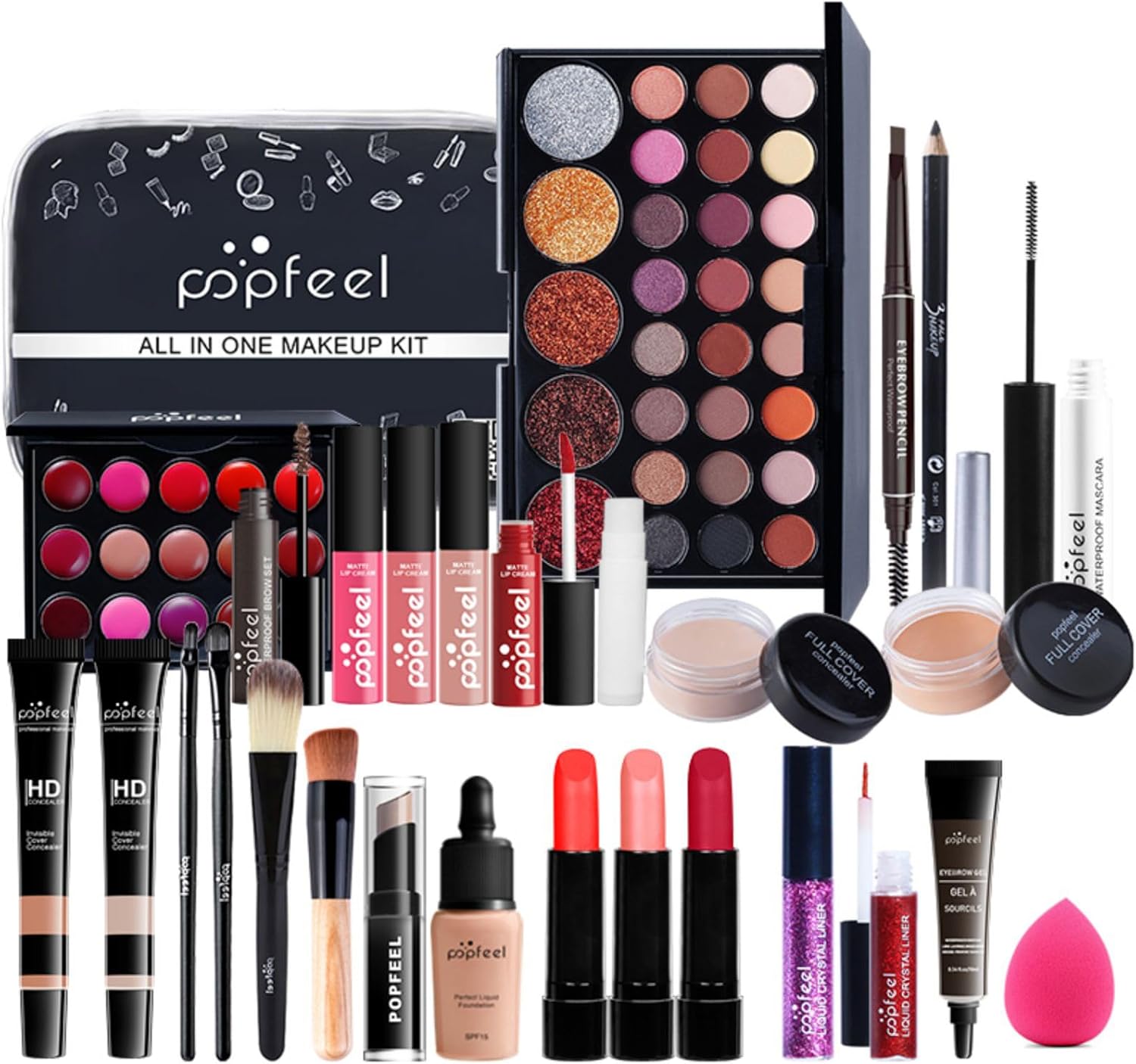 FantasyDay 28 Pcs Kit de Maquillage complet Coffret de Makeup Palette Cosmétique Set avec Ombres Paupières, Rouge à Lèvres, Pinceaux, Bâton de contour, Mascara, Trousse de Toilette