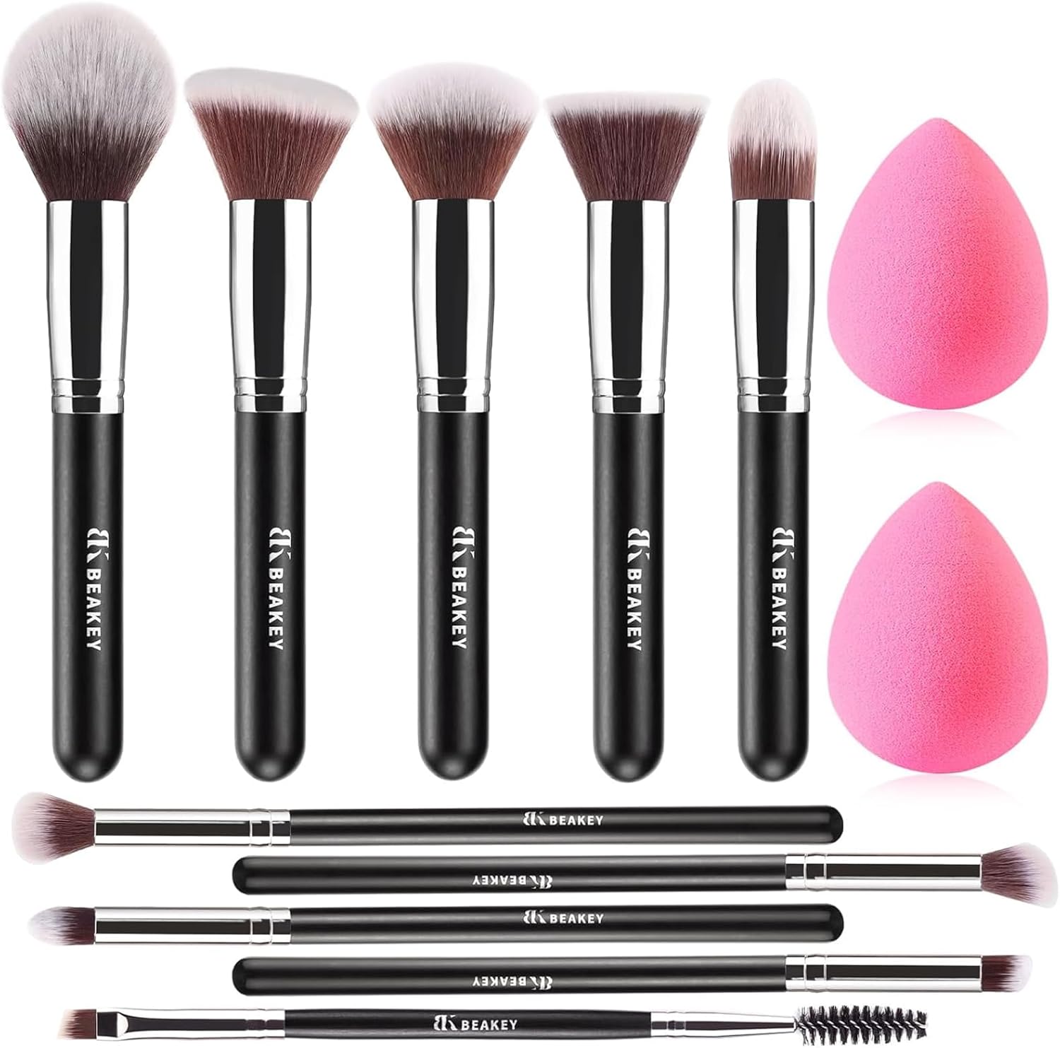 Pinceaux Maquillages Professionnel, Pinceau Maquillage Pour Fond de Teint Blush L'anti-cernes Fard à Paupières Poudre Libre, Avec Blender Eponge(10+2pcs, Noir/Argent)