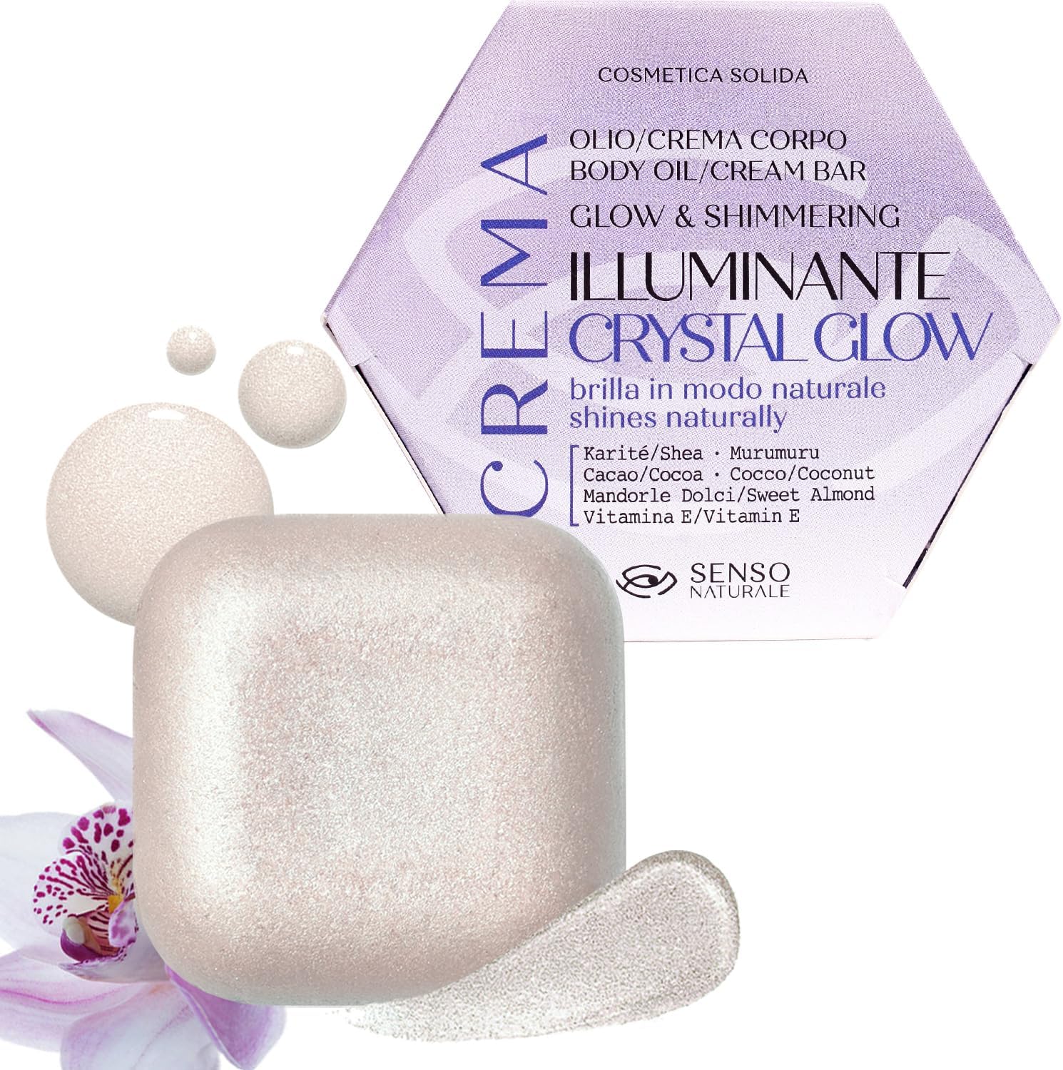 Crystal Glow Huile Bronzante Corps Solide Illuminatrice Crème pour le Corps Hydratante aux Paillettes Nourrissante pour les Femmes Crème de bronzage Vitamine E, Karité, Murumuru