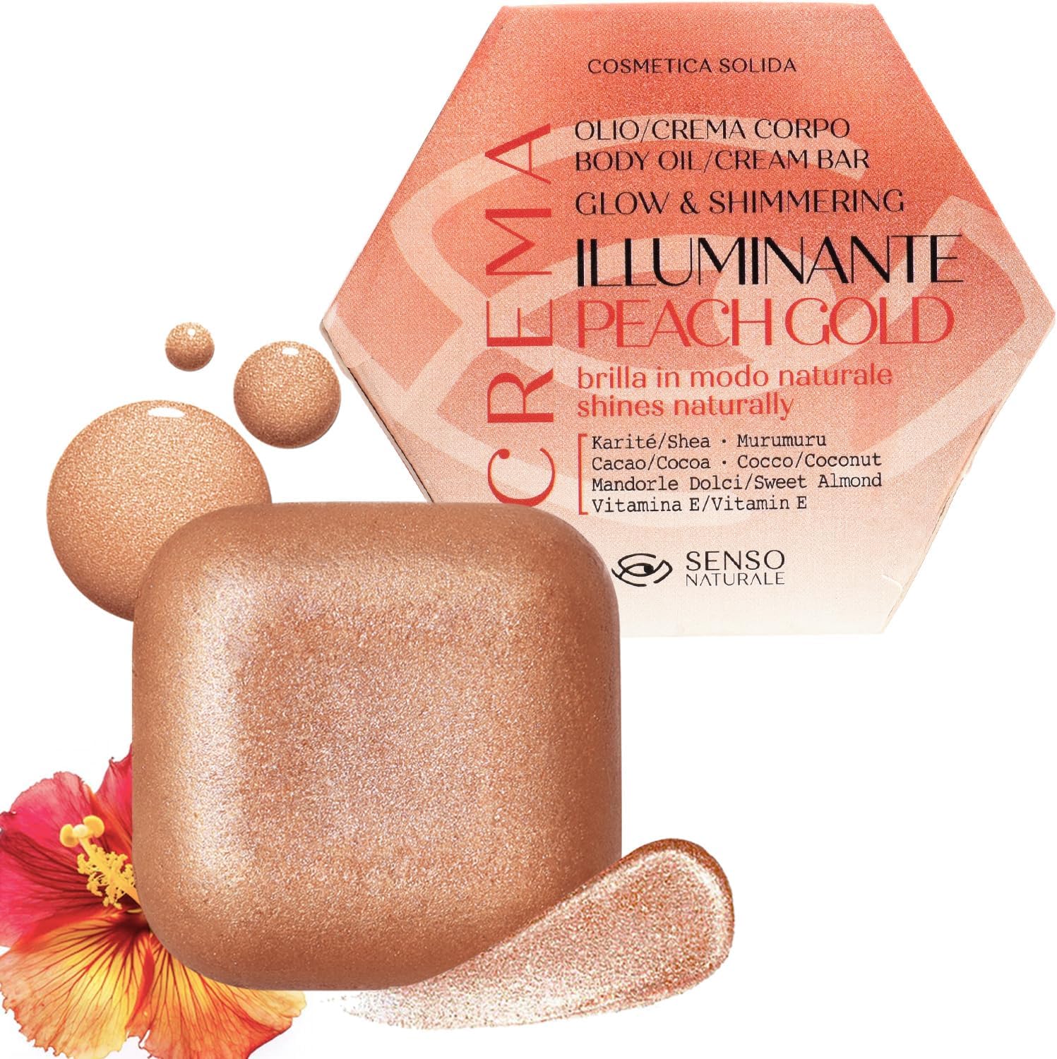 Peach Gold Huile Bronzante Corps Solide Illuminatrice Crème pour le Corps Hydratante aux Paillettes Nourrissante et Parfumée pour les Femmes Néroli Crème de bronzage Vitamine E, Karité