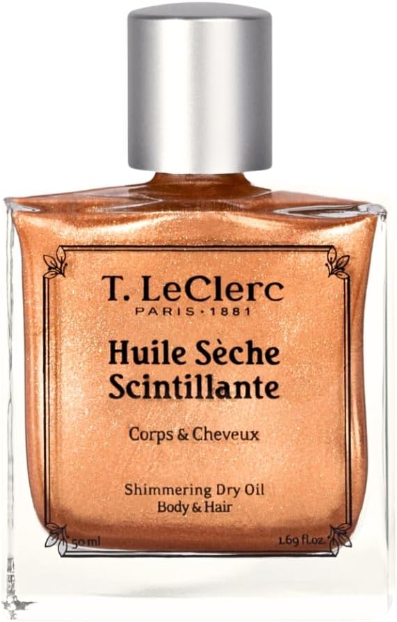 T - LeClerc - Huile Sèche Scintillante - 50 ml - Huile Scintillante pour le Corps Visage & Cheveux - Hydrate et Illumine - Fini Pailleté Non Gras - Huile Parfumée Fleur de Frangipanier - Vegan