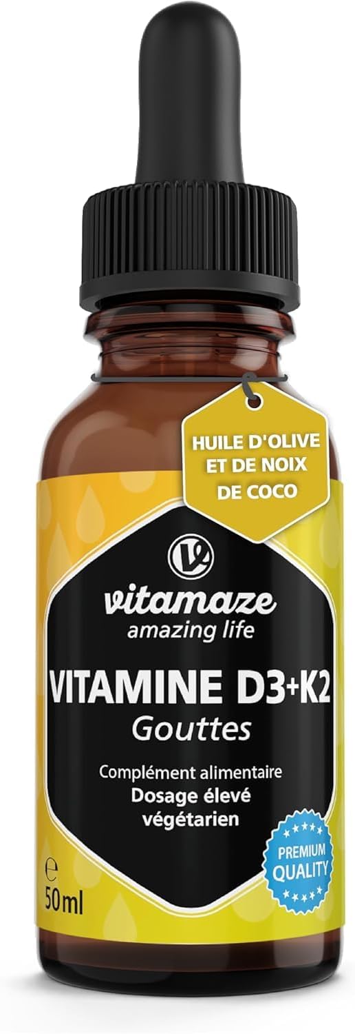 Vitamine D3 K2 Gouttes - Vitamine D 1000 UI à Forte Dose D3 + K2 Végétarien & Liquide (99,7+% All-Trans MK-7), 50 ml (1700 Gouttes), Haute Biodisponibilité, Pas d'Additifs Inutiles