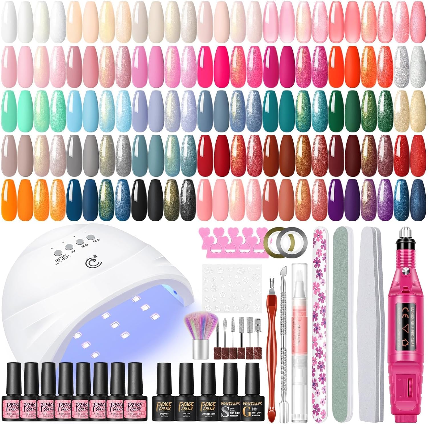 Kit Vernis Semi Permanent Complet PEACECOLOR - 35 Couleurs avec Ponceuse pour Ongles, Lampe UV/LED, Base et Top Coat Kit Ongle Gel UV Complet Nail Art Kit Manucure