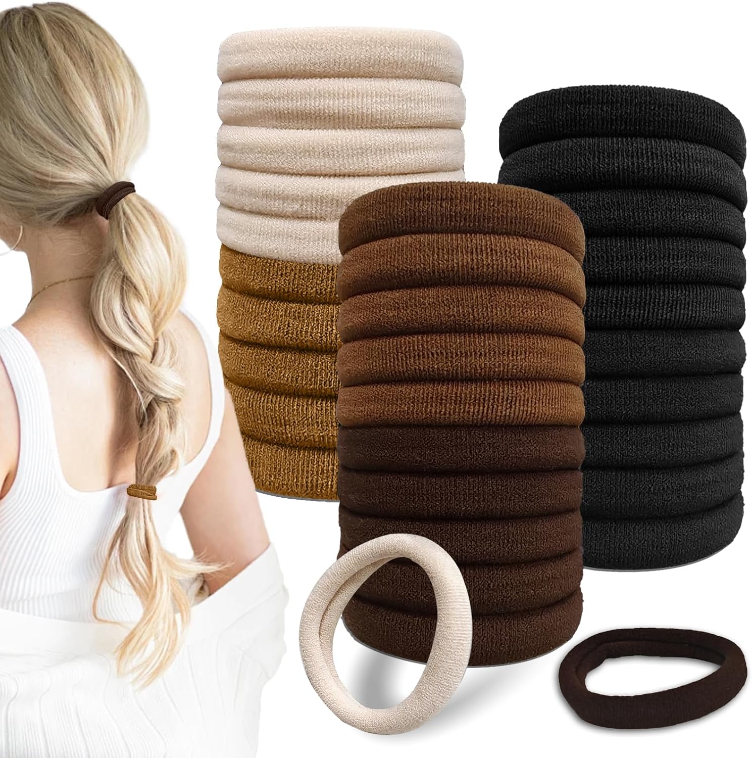 Elastiques Cheveux - 30 Pcs - 5 Couleurs - Coton - Sans Couture - Pour Queue de Cheval - Filles et Femmes