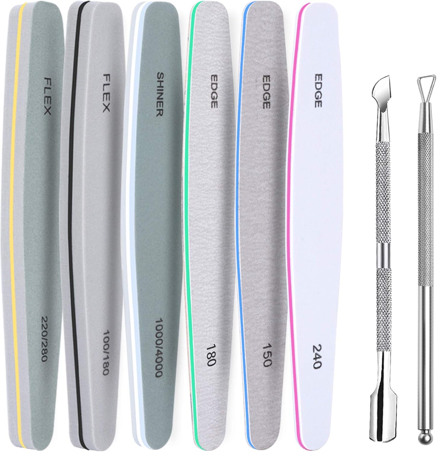 6 Pcs Lime à Ongles Professionnelles FANDAMEI Limes à ongles Kit Lime à Ongles Double Faces Polissage Ponçage, avec 2 Pcs Pousse Cuticule Metal, Pour la manucure, la maison et un salon