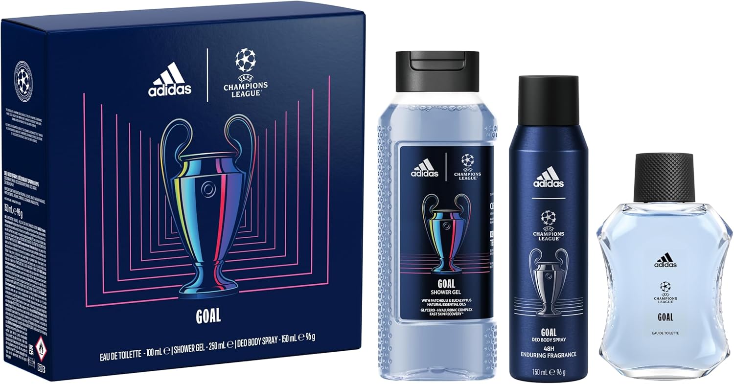 Le coffret adidas UEFA Goal comprenant une Eau de Toilette, un Gel Douche et un Déodorant Spray