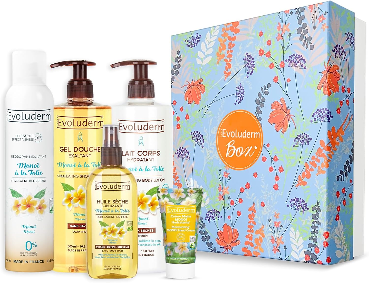 Coffret Cadeau Femme Corps au Monoï de Tahiti – 5 produits + Fleur de Douche Offerte– Box L - Origine Naturelle - Idéal cadeau Noël, Anniversaire, Fête des Mères (Spring)