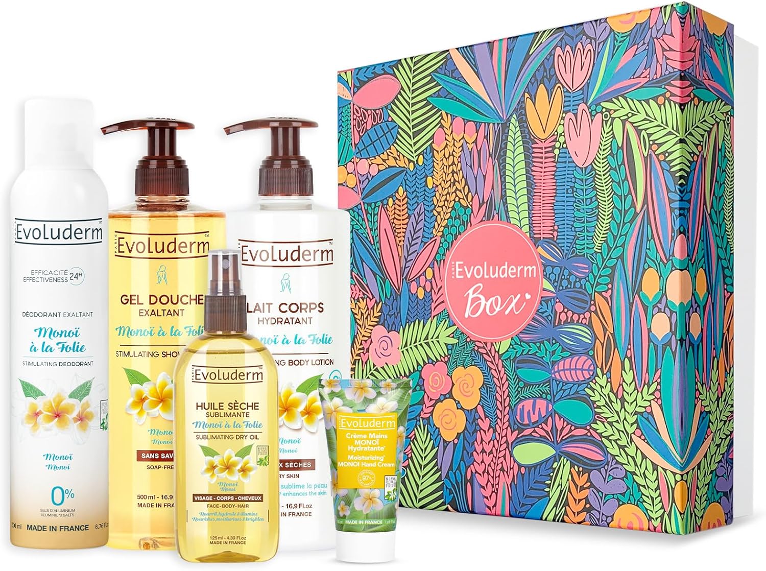 Coffret Cadeau Femme Corps au Monoï de Tahiti – 5 produits + Fleur de Douche Offerte– Box L - Origine Naturelle - Idéal cadeau Noël, Anniversaire, Fête des Mères (Magic Forest)
