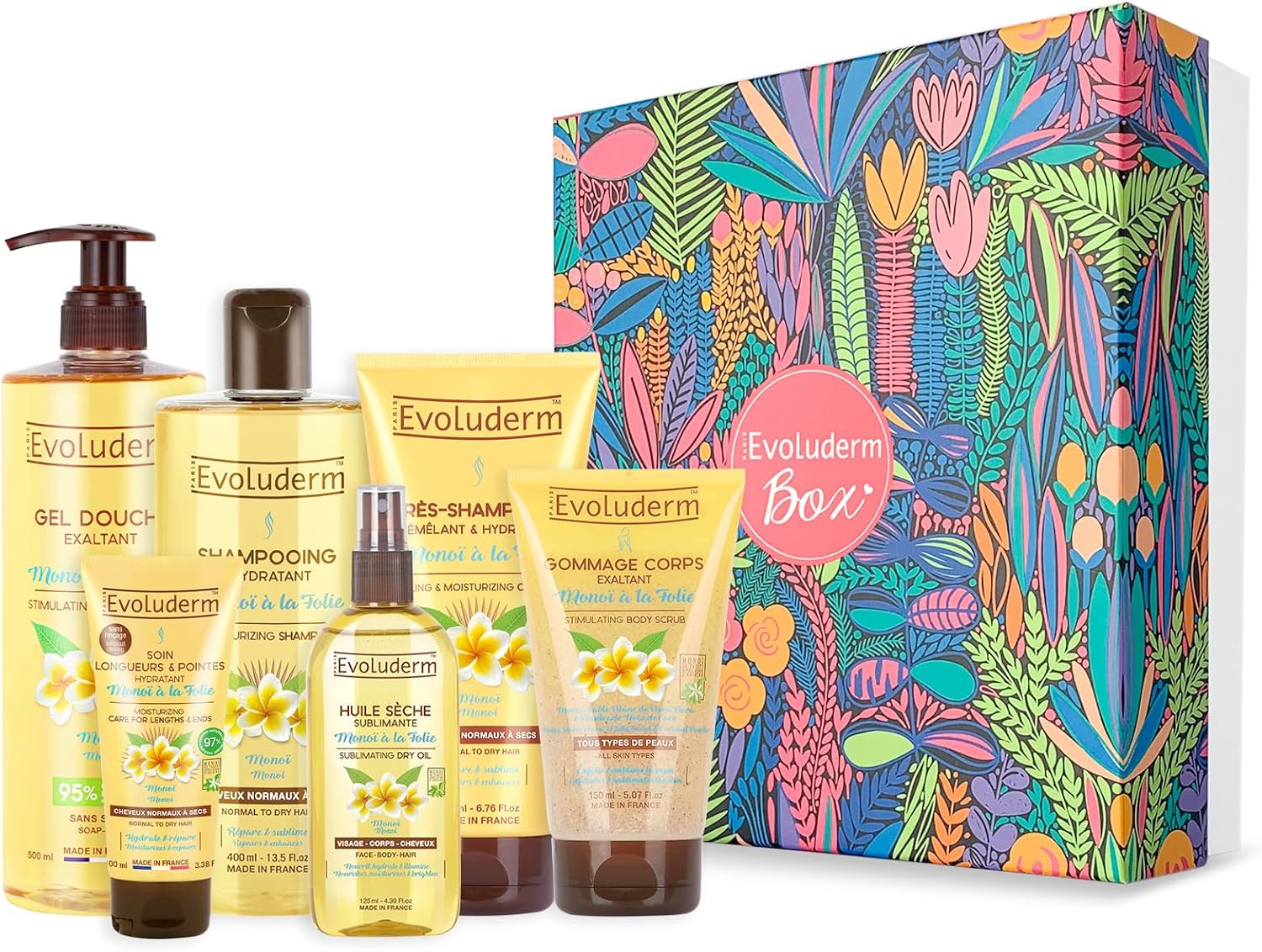 Coffret Cadeau Bain Femme Corps & Cheveux au Monoï de Tahiti – 6 produits – Gant Exfoliant offert - Origine Naturelle - Cadeau de Noël, Anniversaire, Fête des Mères (Magic Forest)
