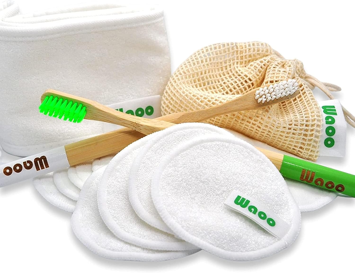 Coton démaquillant lavable et réutilisable en fibre de bambou bio - kit composés de 12 pcs + 1 sac filet de lavage + 2 brosses à dents + 1 bandeau en coton pour vous démaquiller