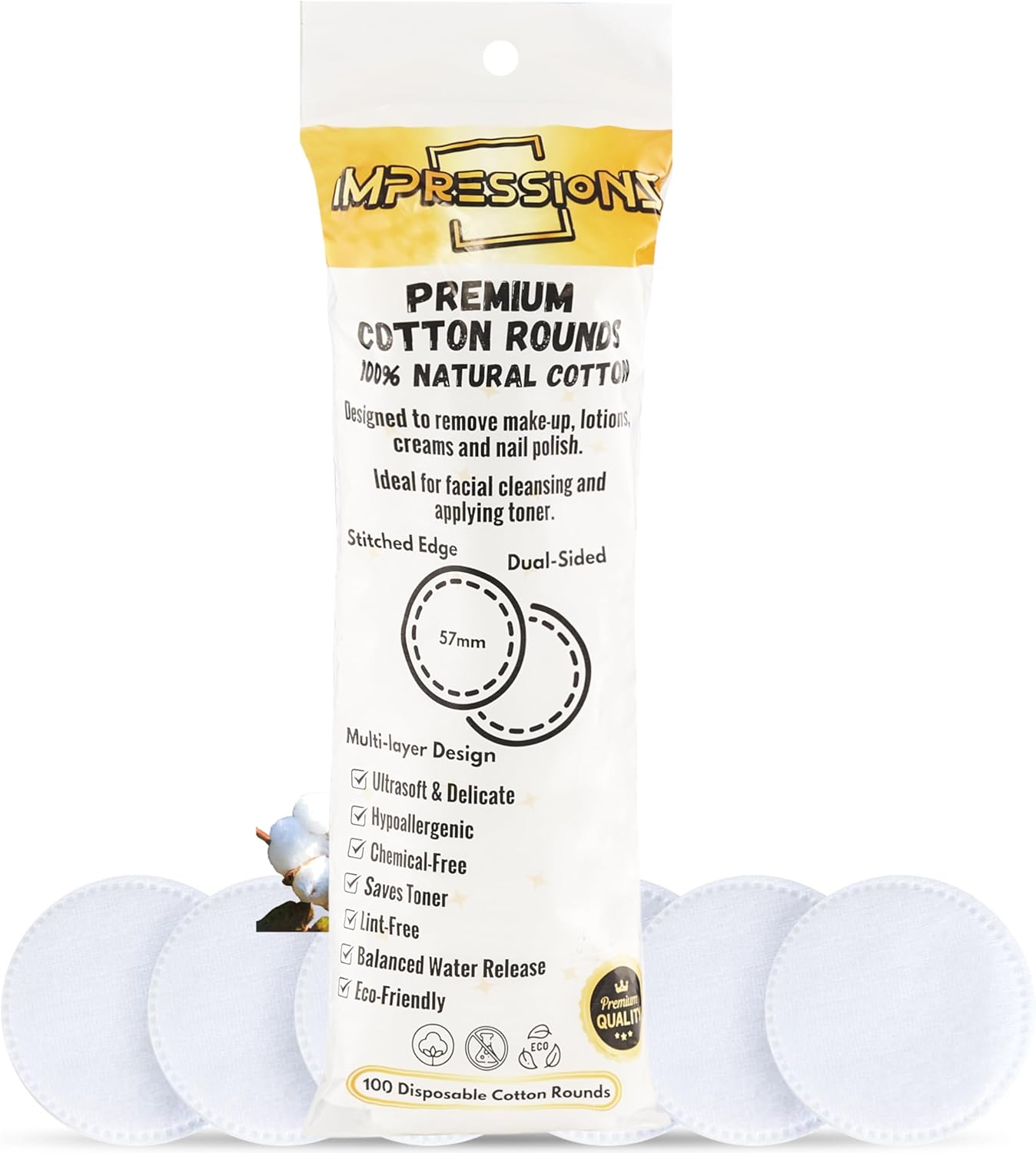 Premium Cotton Rounds for Face (100 Count) – 100% Pure Natural Cotton Pads, Hypoallergenic, Lint-Free Makeup Remover, Toner & Cream Applicator for Sensitive Skin