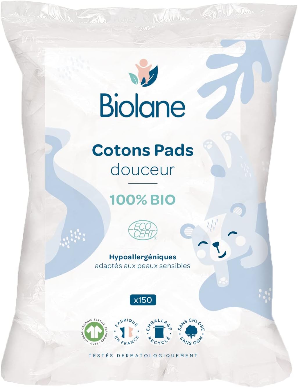 Cotons pads douceur - Bébé - 100% Bio - 150 Cotons - Peaux sensibles - Change & Toilette - Dès la naissance - Fabriqués en France