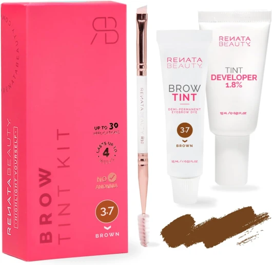 Renata Beauty Kit de Teinture pour Sourcils – Kit de Coloration des Sourcil Avec Couleur, Crème Oxydante et Brosse – Effet Longue Durée Jusqu'à 4 Semaines – 30 Utilisations [Brun]