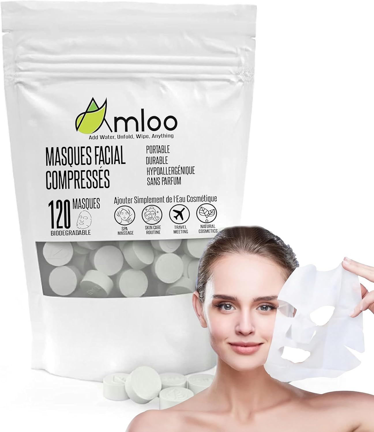AMLOO 120 Pcs Feuille de Masque Facial, Masque visage compressé, masque tissu visage en Coton Compactes et Jetables, masque visage coreen pour Soins de la Peau pour la maison et les Voyages