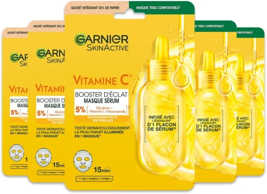 Skin Active - Lot De 5 Masques Tissu Booster D'Éclat - Illumine, Hydrate & Repulpe La Peau - Vitamine C Et Acide Hyaluronique - Vegan & Cruelty Free - Peaux Ternes - x5