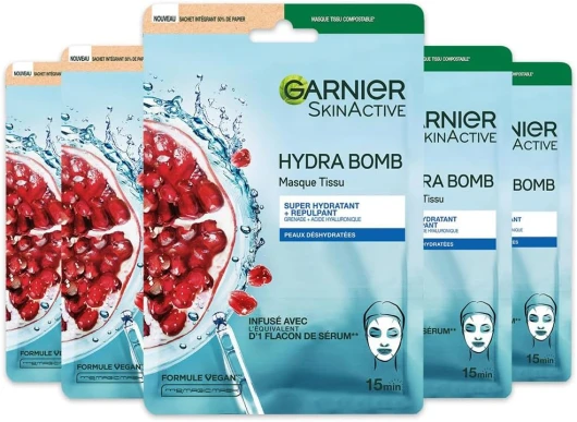 Skin Active - Coffret Masques Tissu Hydra Bomb - Hydratant & Repulpant - À Base De Grenade & Acide Hyaluronique - Vegan & Cruelty Free - Tissu Compostable - Peaux Déshydratées - x5