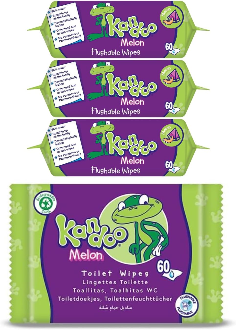 Lingettes Melon Humides Jetables Adaptées aux Enfants Douceur Extrême 4 Packs de 60 lingettes, 240 unités