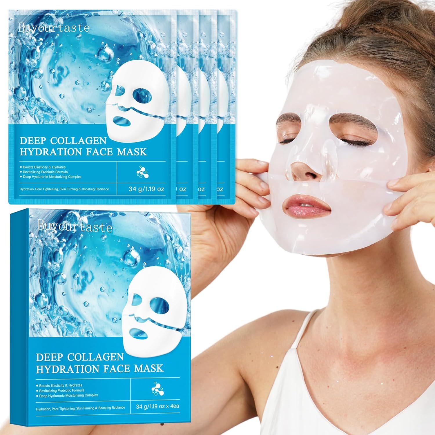 Bio Collagen Face Mask, 4Pièces Masque Collagene Visage Korean, Bio-Collagen Real Deep Mask, Anti-âge Mask Collagène Masque Soluble, pour Hydratant,Réduction des Pores,Anti-âge et Rajeunissant