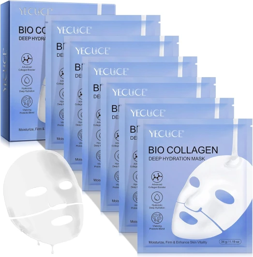 Masque Collagène, Masque Collagene Visage Korean, Masque Hydrogel Hydratant pour La Nuit, Réduction des Pores, Amélioration de l'élasticité, 34g x 6ea