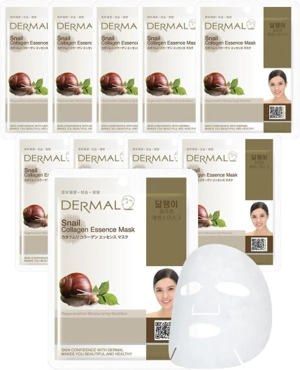 DERMAL Masque visage coréen à l'essence de collagène d'escargot, 10 feuilles - Réparateur, hydratant avec filtrat de sécrétion d'escargot, pour peaux sèches, sujettes à l'acné et sensibles