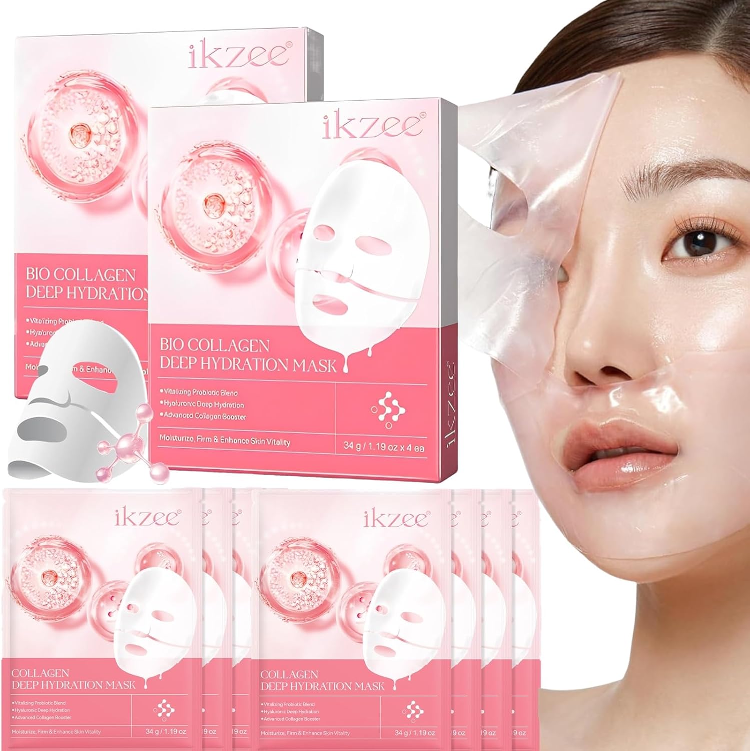 Masque Collagene Visage Korean, Mask Collagen, Visage Masque Profond Coréen, Bio Collagen Overnight Mask (34g x 8ea)