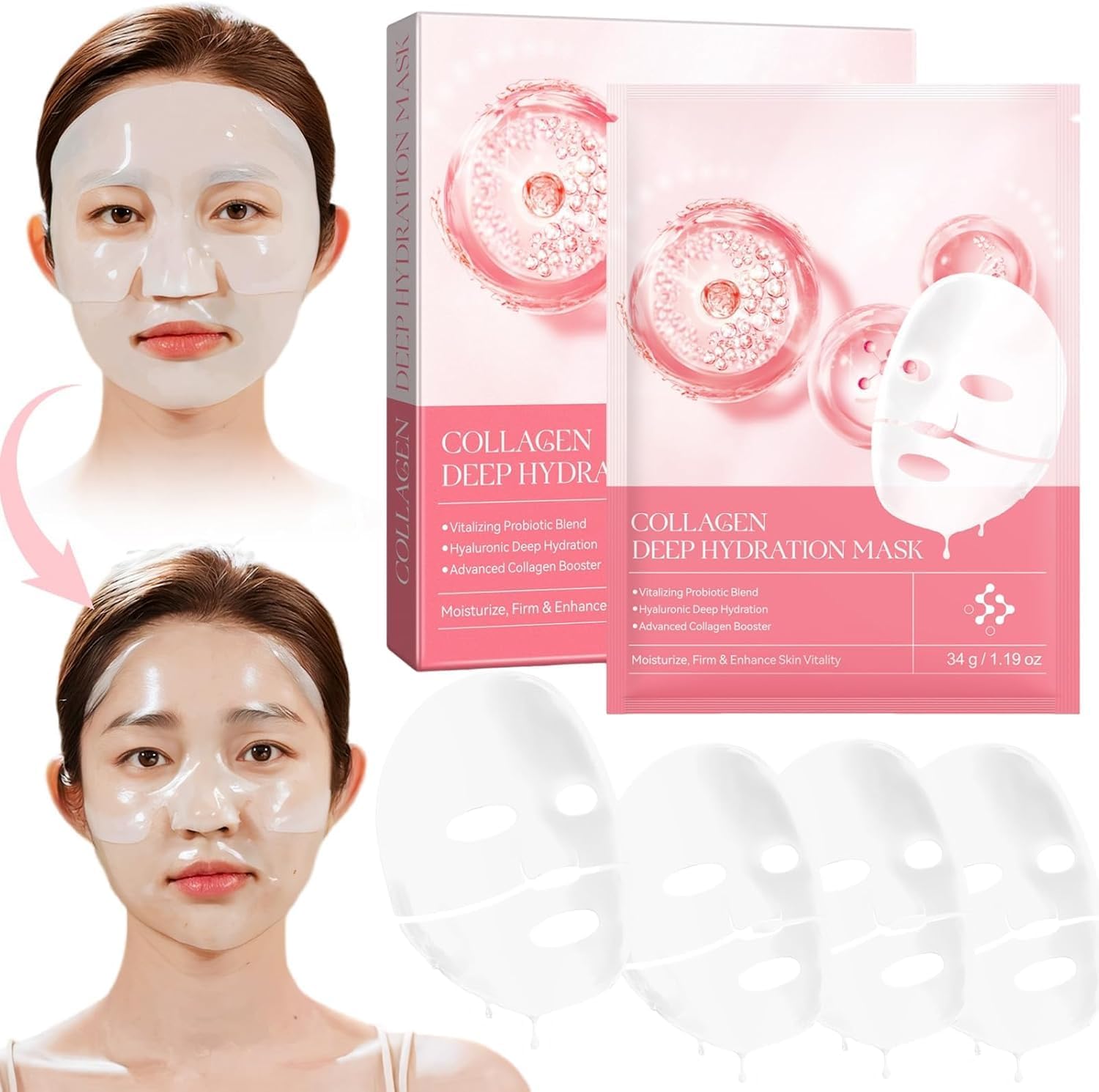 Masque Collagene Visage Korean, Mask Collagen, Visage Masque Profond Coréen, Bio Collagen Overnight Mask (34g x 4ea)